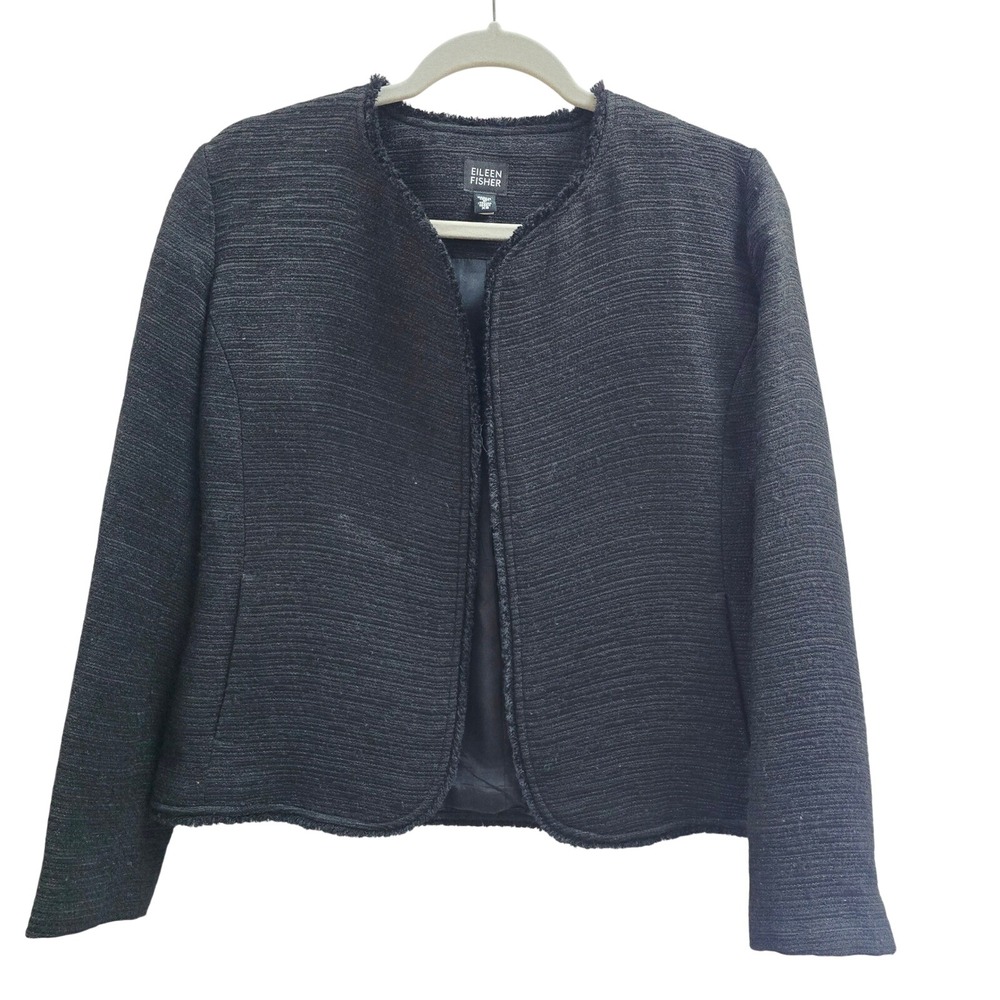 Eileen Fisher Black Italian Textured Silk Lined Open Front Jacket XS